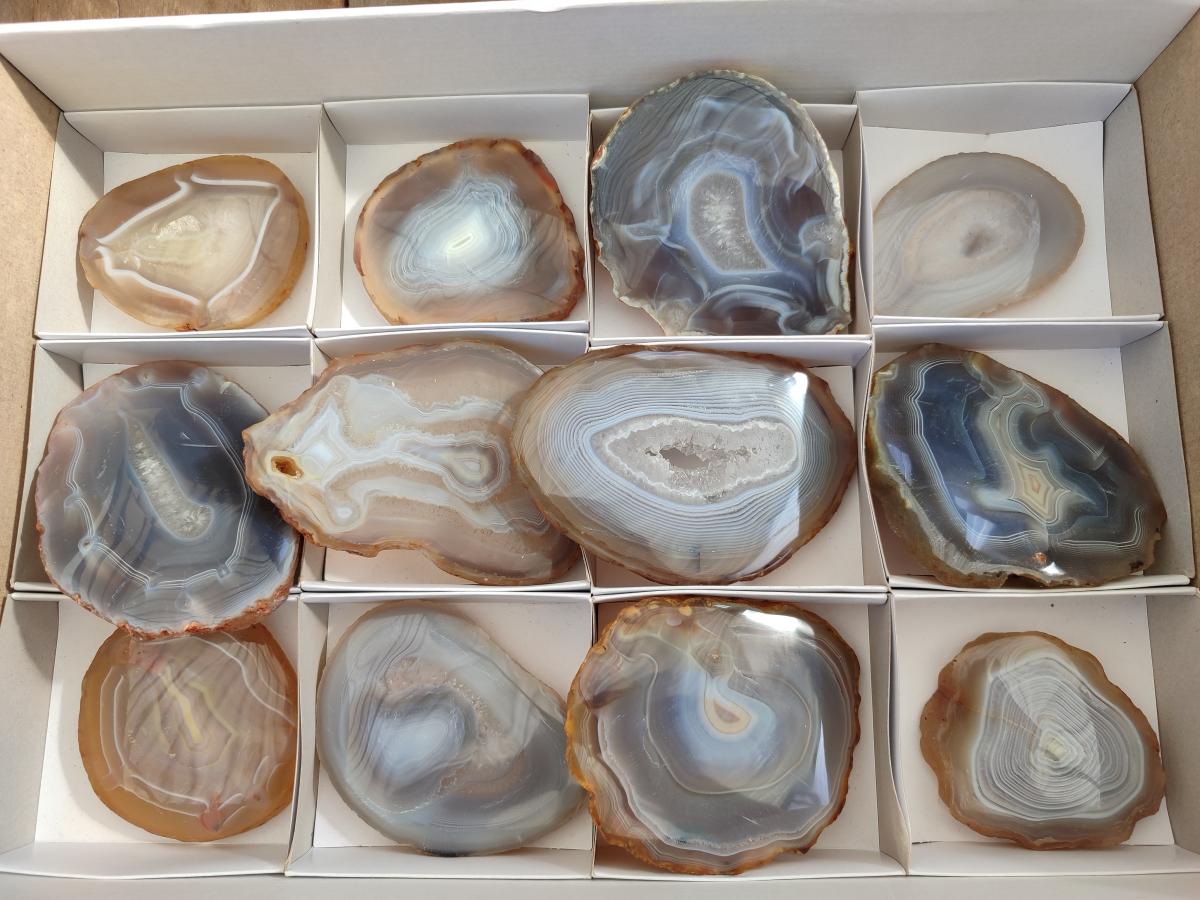 Polished Banded Agate Slices with Natural Edging x 12 From Madagascar - Toprock Gemstones and Minerals 