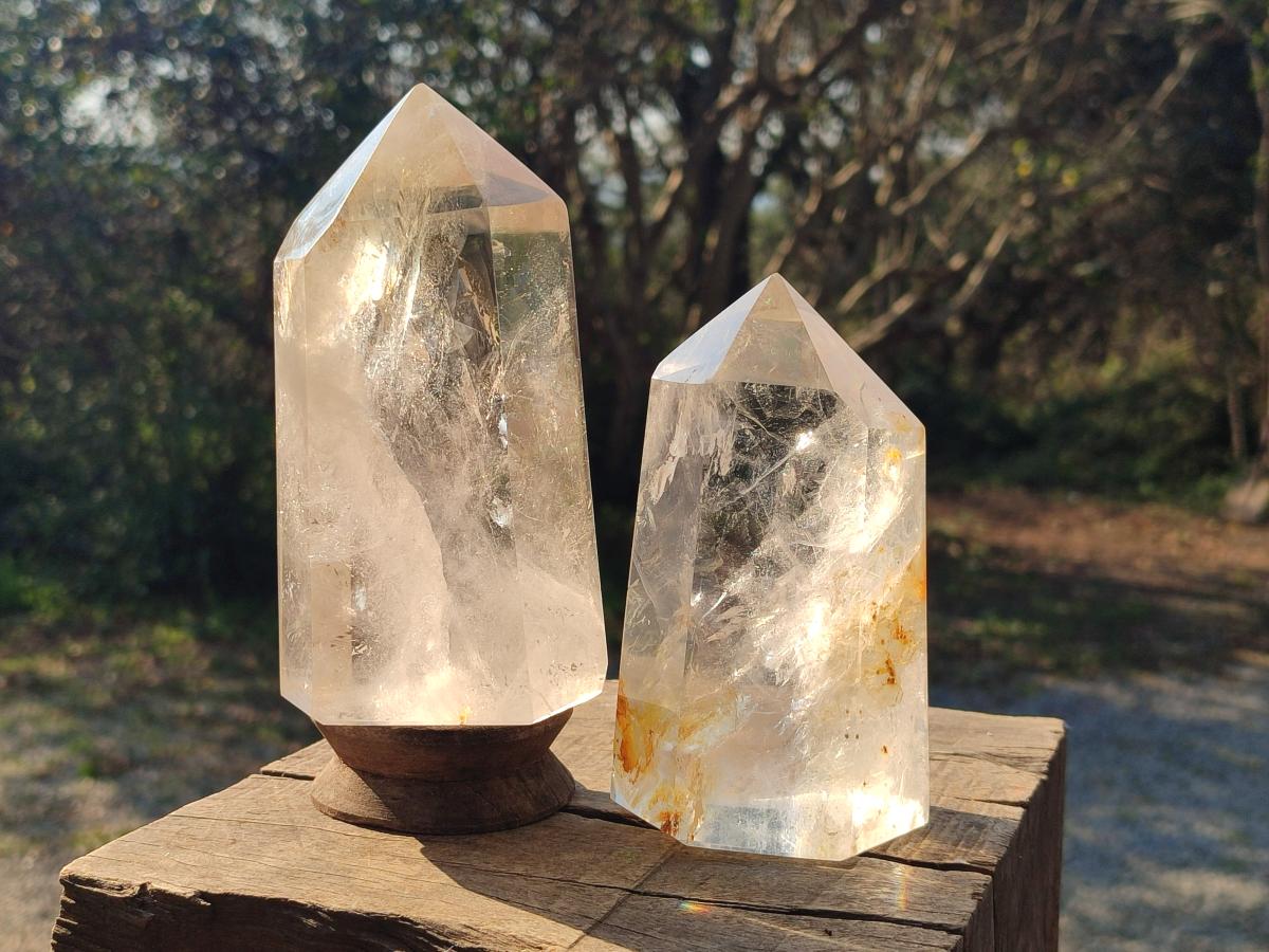Polished Large Clear Quartz Display Crystals with Limonite Veils x 2 From Madagascar - Toprock Gemstones and Minerals 