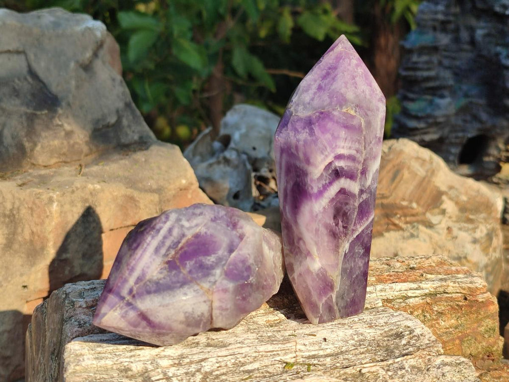 Polished Chevron Amethyst Witches Hat Crystals x 4 From Zambia - Toprock Gemstones and Minerals 