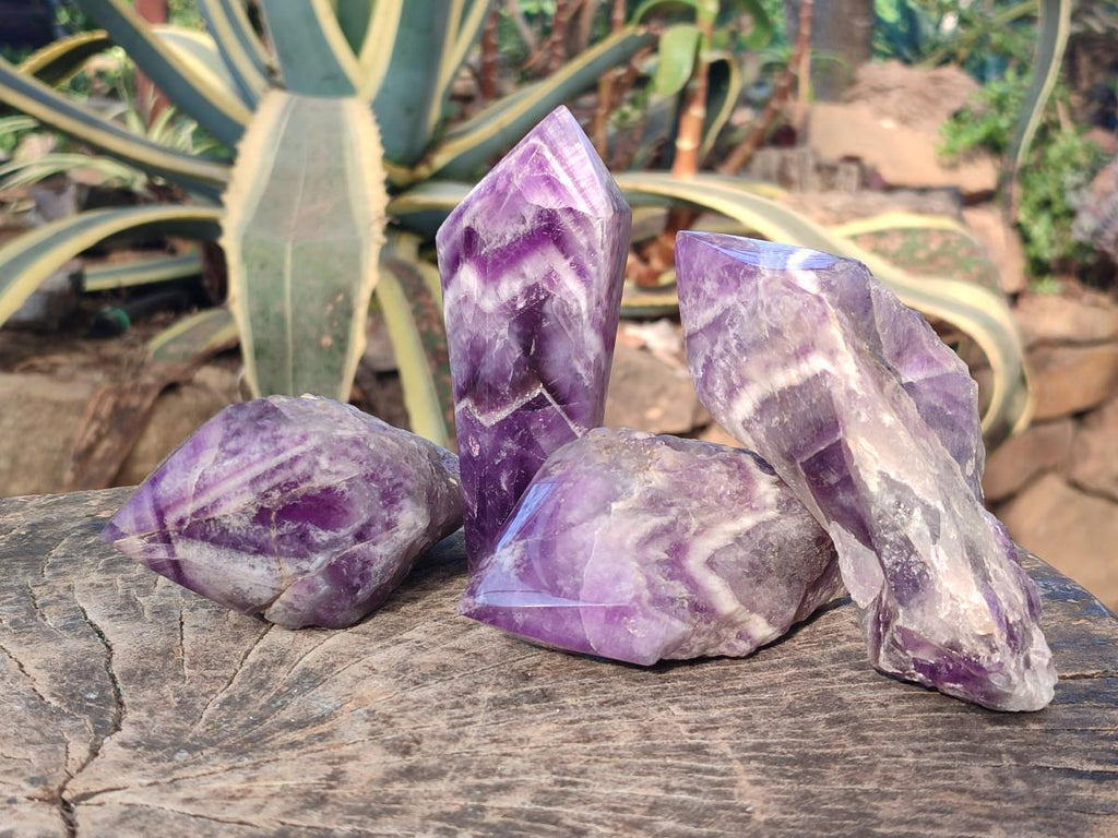 Polished Chevron Amethyst Witches Hat Crystals x 4 From Zambia - Toprock Gemstones and Minerals 