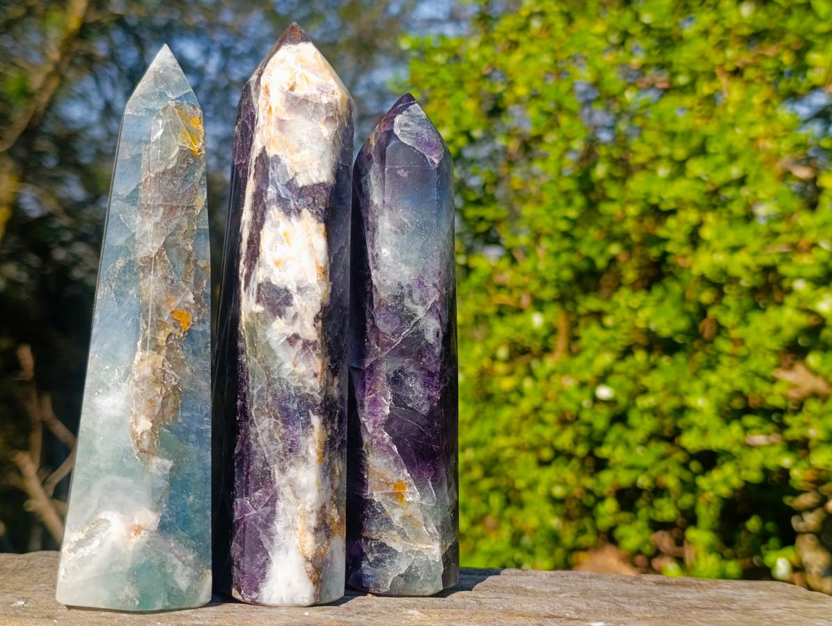Polished Watermelon Fluorite Display Crystals x 3 From Uis, Namibia - Toprock Gemstones and Minerals 