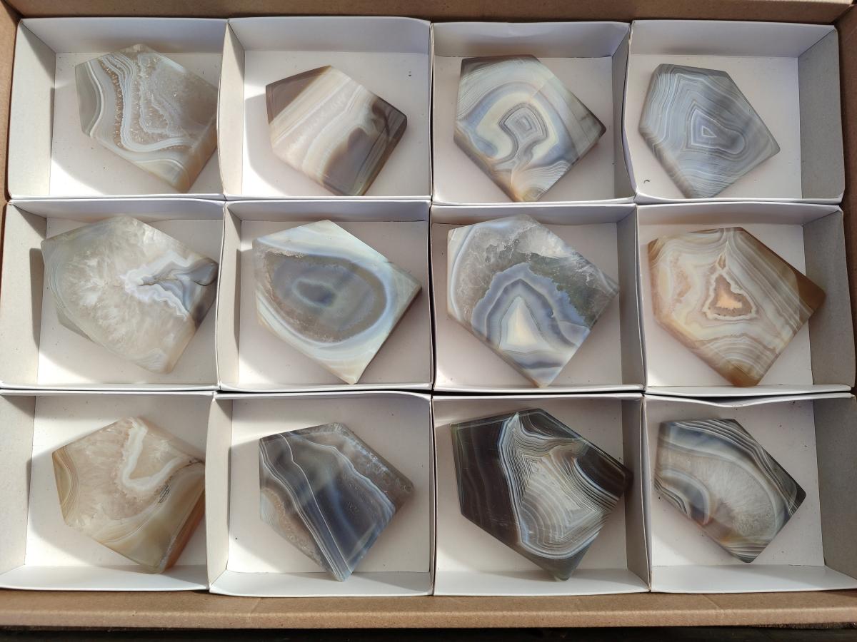 Polished Banded Agate Standing House Shaped Slices x 12 From Madagascar - Toprock Gemstones and Minerals 