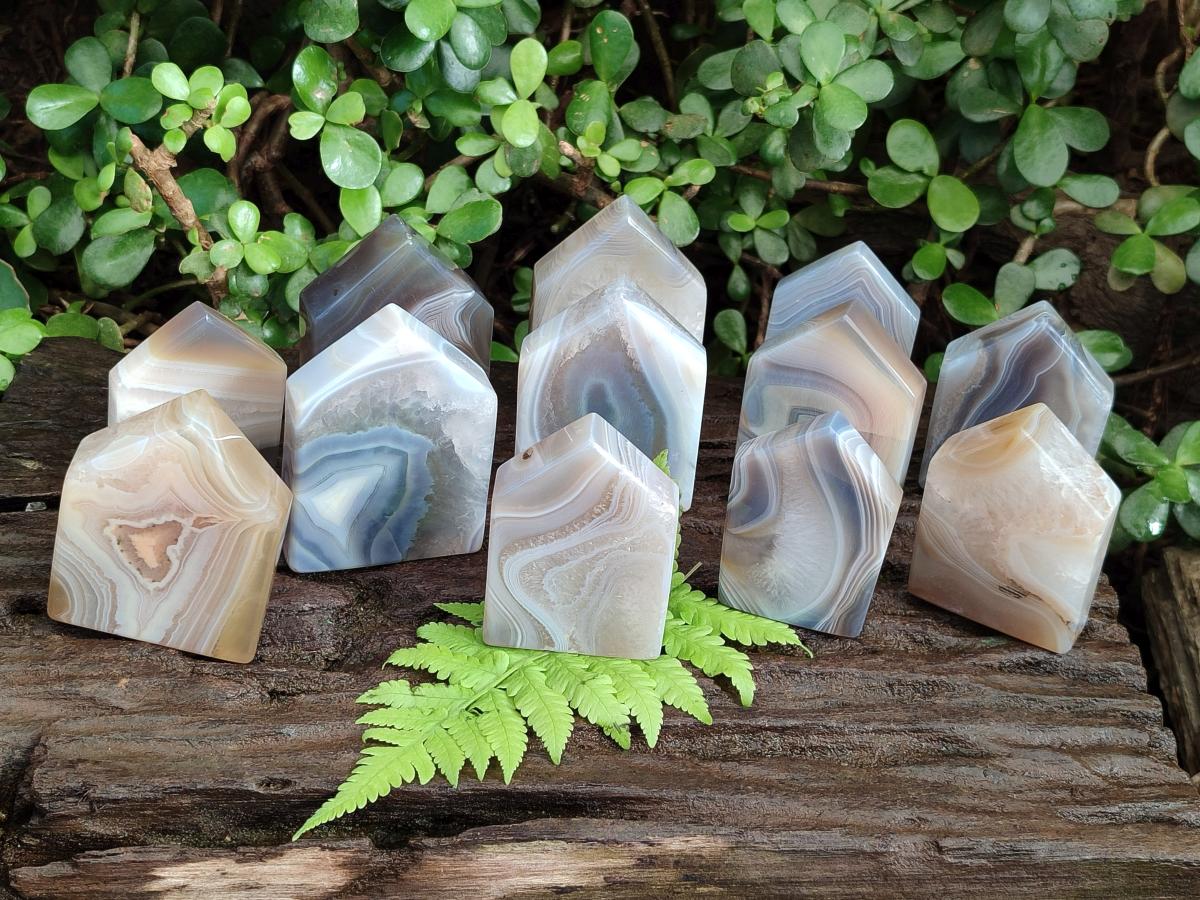 Polished Banded Agate Standing House Shaped Slices x 12 From Madagascar - Toprock Gemstones and Minerals 