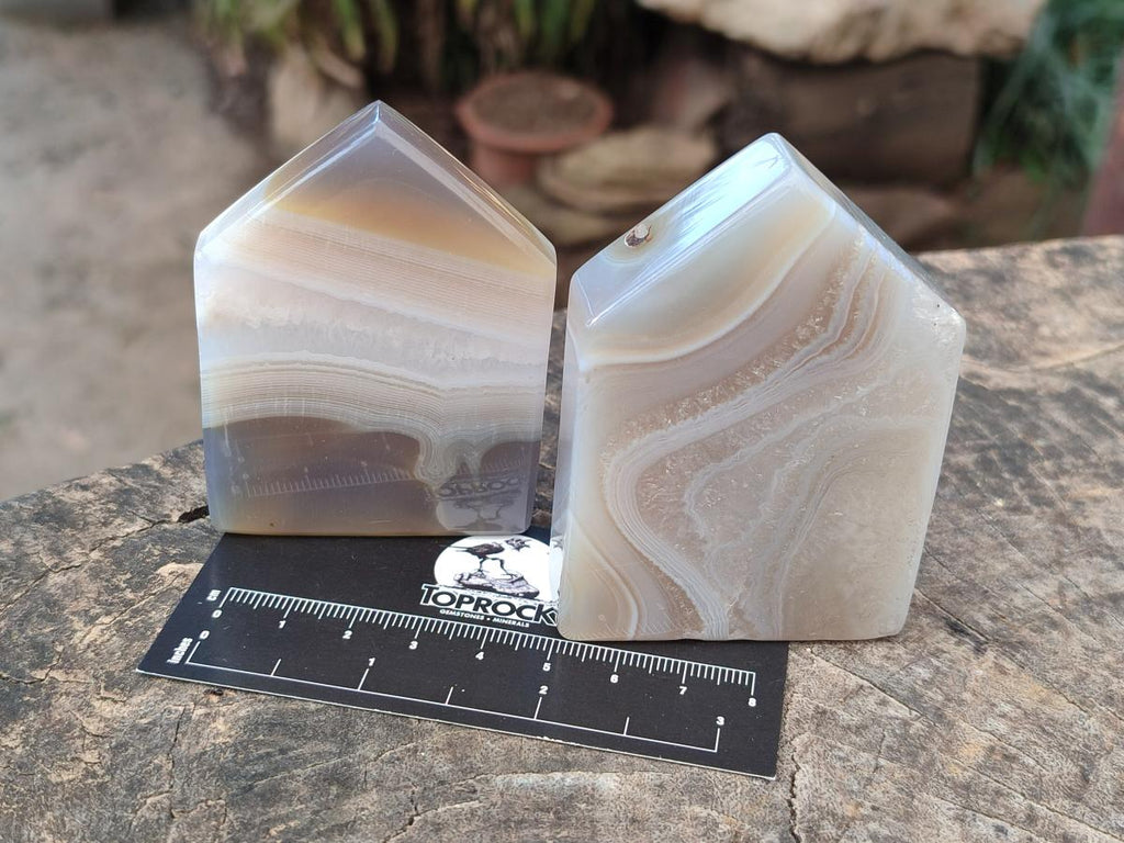 Polished Banded Agate Standing House Shaped Slices x 12 From Madagascar - Toprock Gemstones and Minerals 