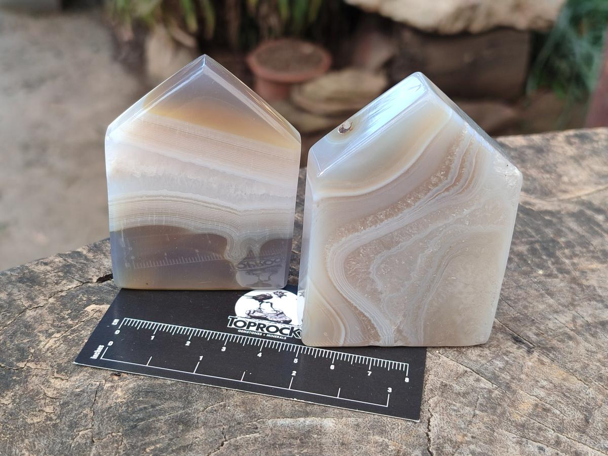Polished Banded Agate Standing House Shaped Slices x 12 From Madagascar - Toprock Gemstones and Minerals 