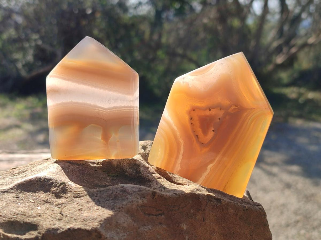 Polished Banded Agate Standing House Shaped Slices x 12 From Madagascar - Toprock Gemstones and Minerals 