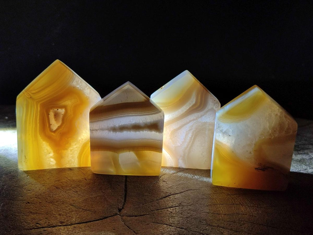 Polished Banded Agate Standing House Shaped Slices x 12 From Madagascar - Toprock Gemstones and Minerals 
