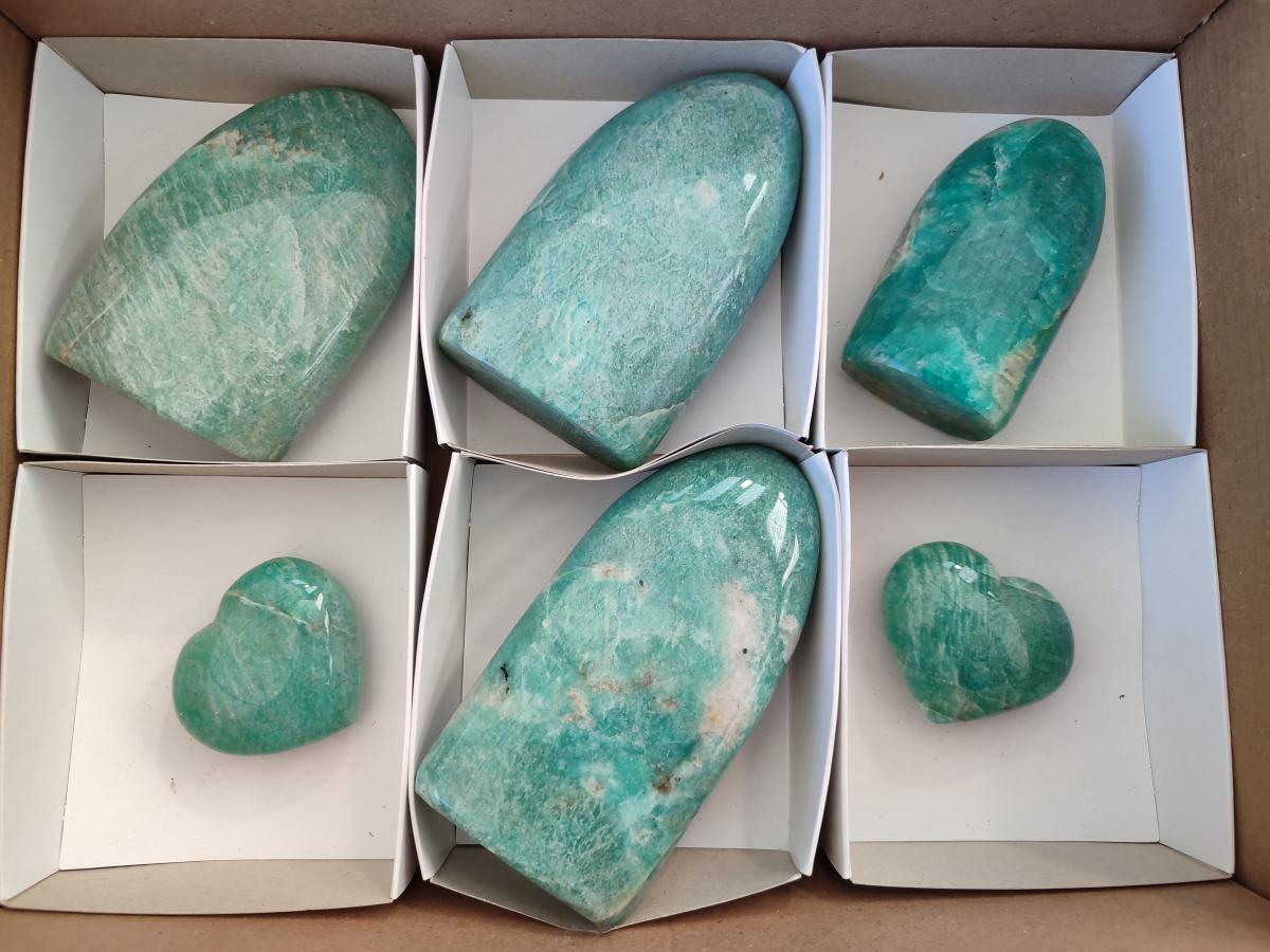 Polished Amazonite Standing Display Pieces and Hearts x 6 From Madagascar - Toprock Gemstones and Minerals 