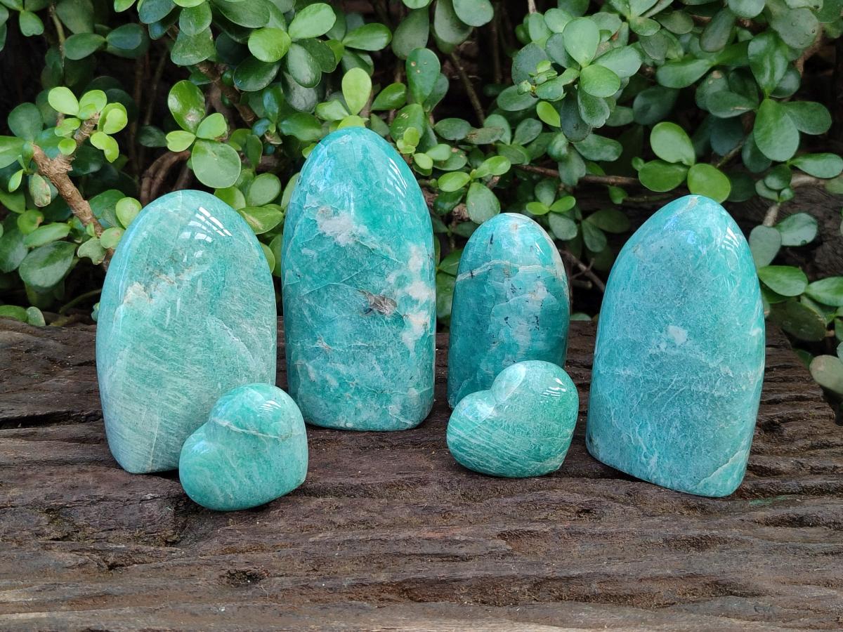 Polished Amazonite Standing Display Pieces and Hearts x 6 From Madagascar - Toprock Gemstones and Minerals 