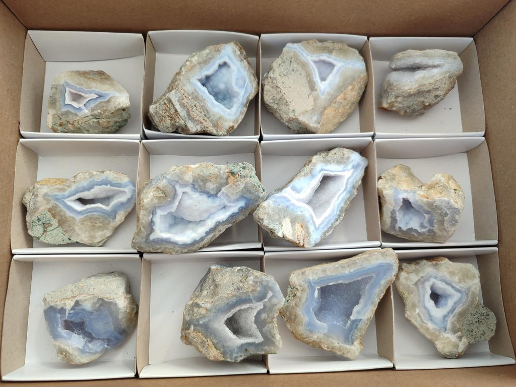 Polished On One Side Blue Lace Agate Geodes x 12 From Nsanje, Malawi - Toprock Gemstones and Minerals 