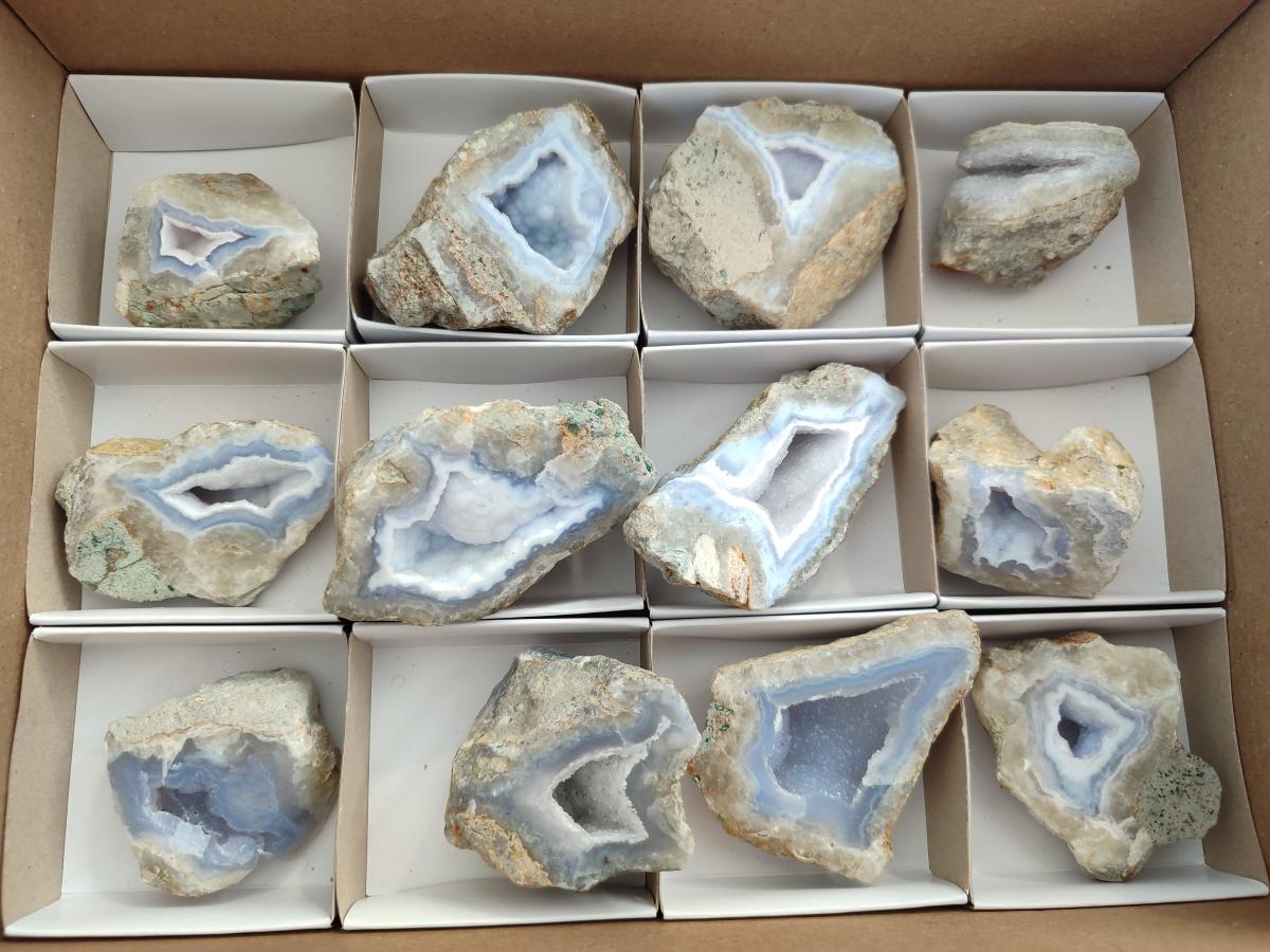 Polished On One Side Blue Lace Agate Geodes x 12 From Nsanje, Malawi - Toprock Gemstones and Minerals 