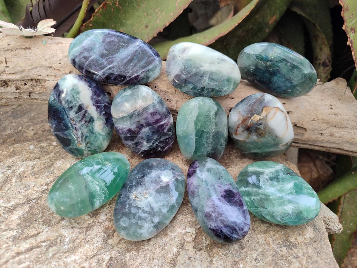 Polished Watermelon Fluorite Palm Stones x 12 From Uis, Namibia - Toprock Gemstones and Minerals 
