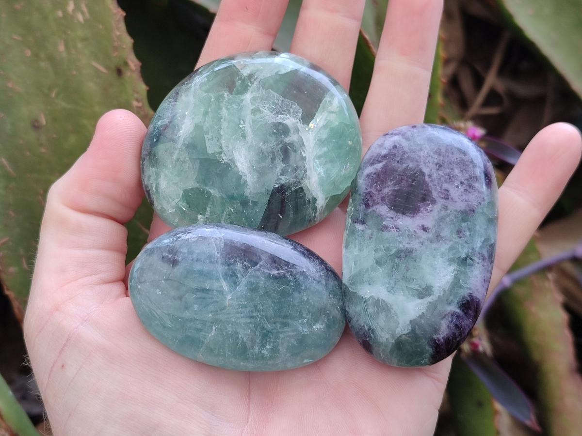 Polished Watermelon Fluorite Palm Stones x 12 From Uis, Namibia - Toprock Gemstones and Minerals 