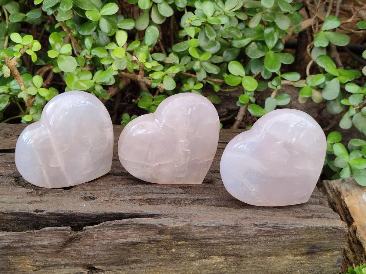 Polished Gemmy Girasol Rose Quartz Hearts x 3 From Madagascar - Toprock Gemstones and Minerals 