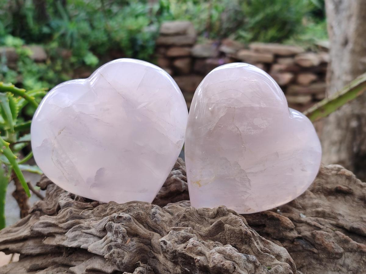 Polished Gemmy Girasol Rose Quartz Hearts x 3 From Madagascar - Toprock Gemstones and Minerals 
