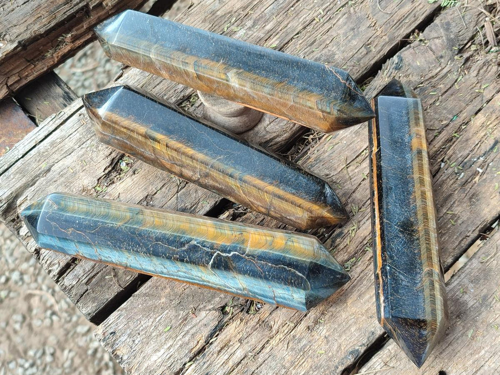 Polished Double Terminated Golden Tigers Eye Crystals x 4 From Prieska, South Africa - Toprock Gemstones and Minerals 