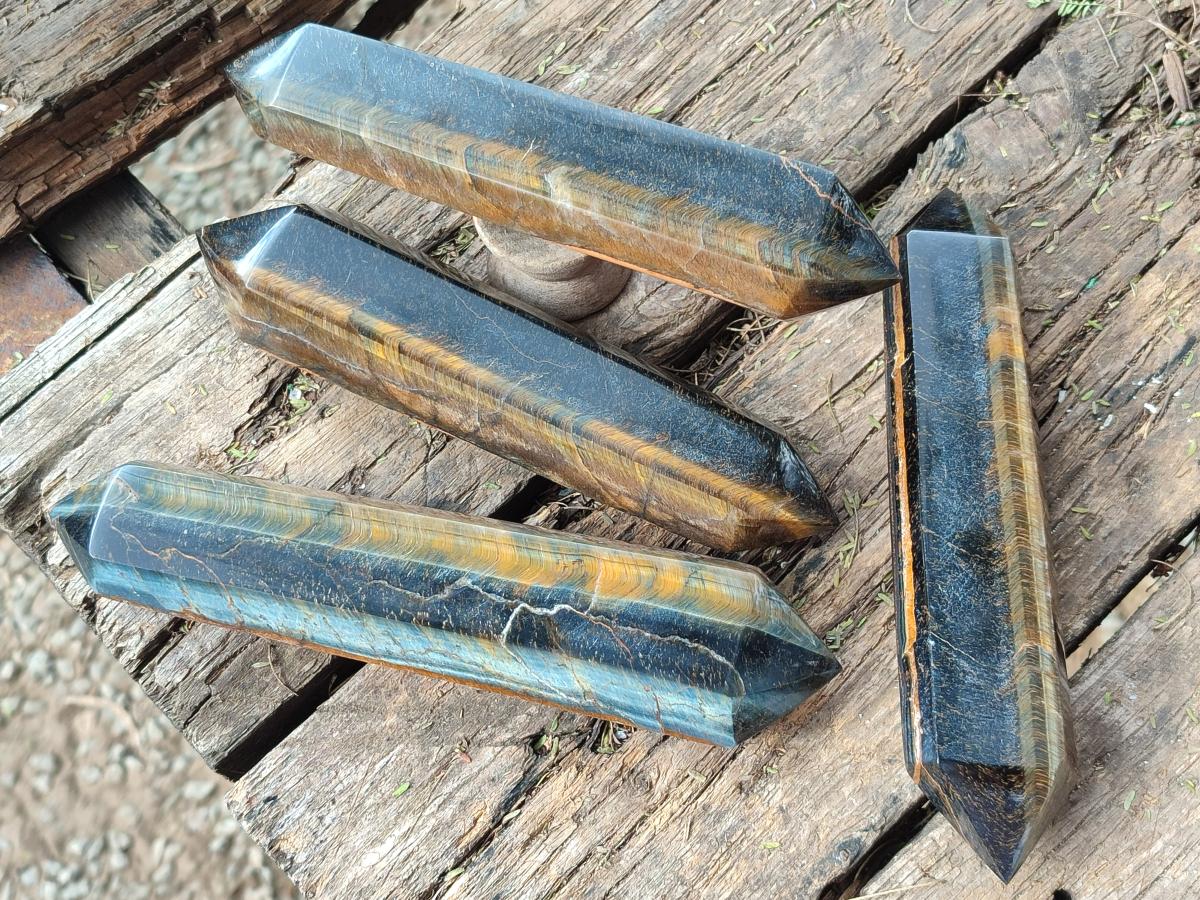 Polished Double Terminated Golden Tigers Eye Crystals x 4 From Prieska, South Africa - Toprock Gemstones and Minerals 
