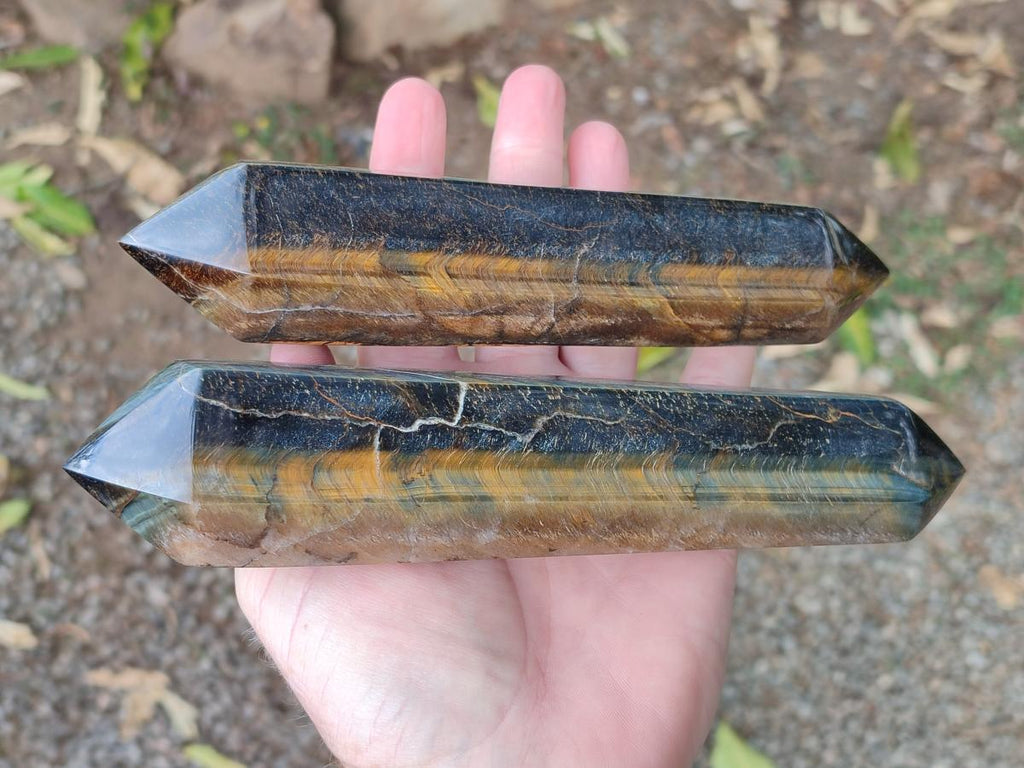 Polished Double Terminated Golden Tigers Eye Crystals x 4 From Prieska, South Africa - Toprock Gemstones and Minerals 