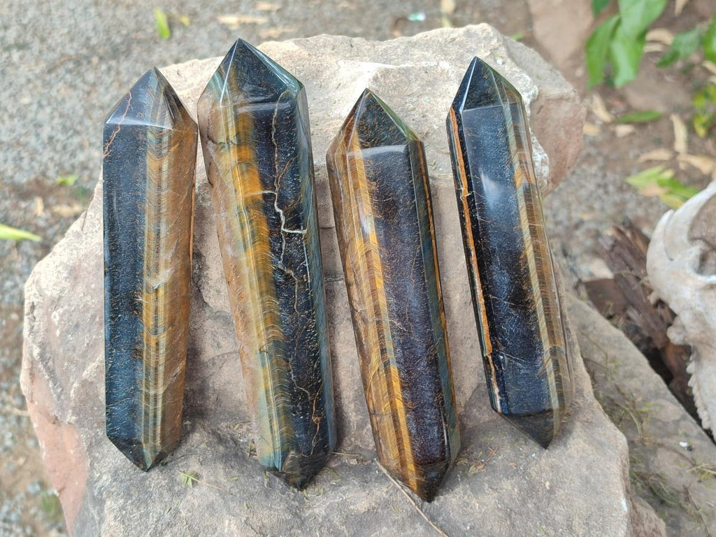 Polished Double Terminated Golden Tigers Eye Crystals x 4 From Prieska, South Africa - Toprock Gemstones and Minerals 