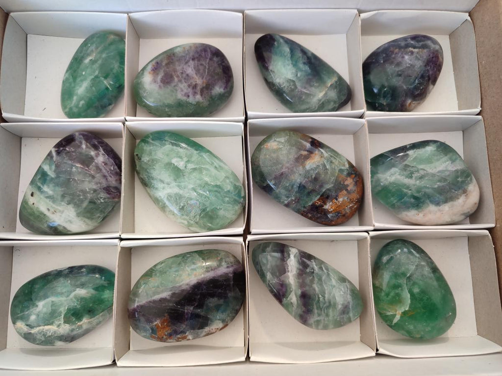 Polished Watermelon Fluorite Palm Stones x 12 From Uis, Namibia - Toprock Gemstones and Minerals 