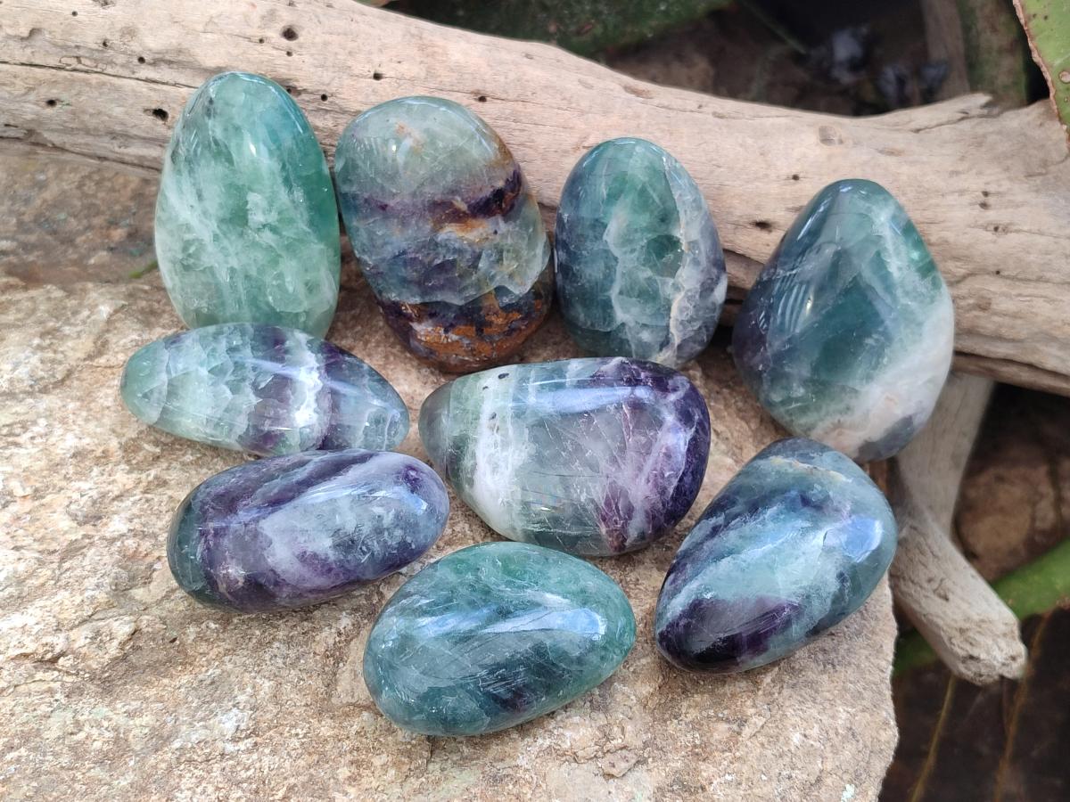Polished Watermelon Fluorite Palm Stones x 12 From Uis, Namibia - Toprock Gemstones and Minerals 
