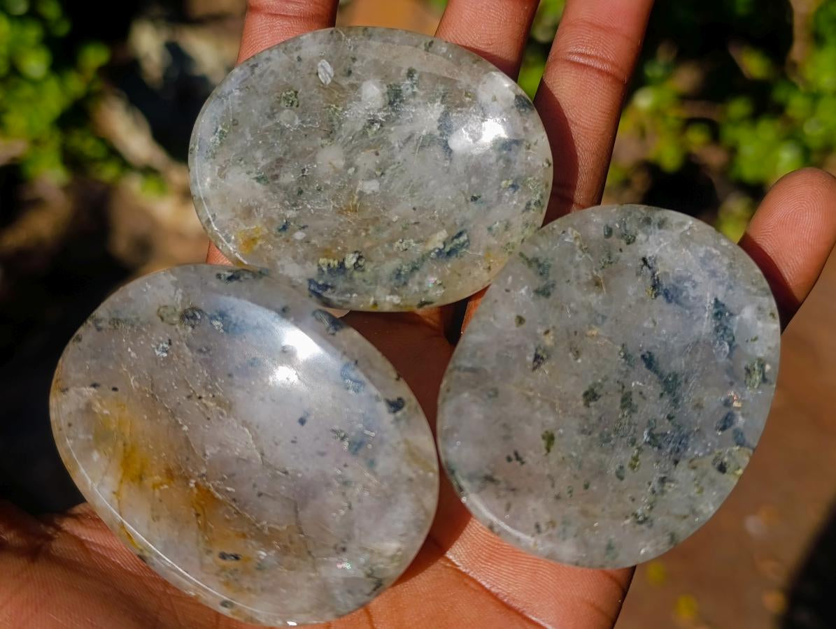 Polished Clear Quartz and Girasol Rock Crystal with Epidote Inclusions Worry Stones x 20 From Madagascar - Toprock Gemstones and Minerals 