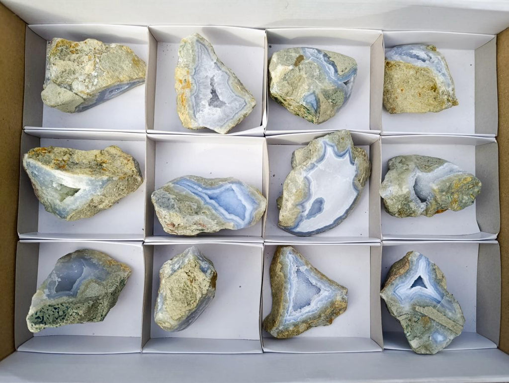 Polished On One Side Blue Lace Agate Geodes x 12 From Nsanje, Malawi - Toprock Gemstones and Minerals 