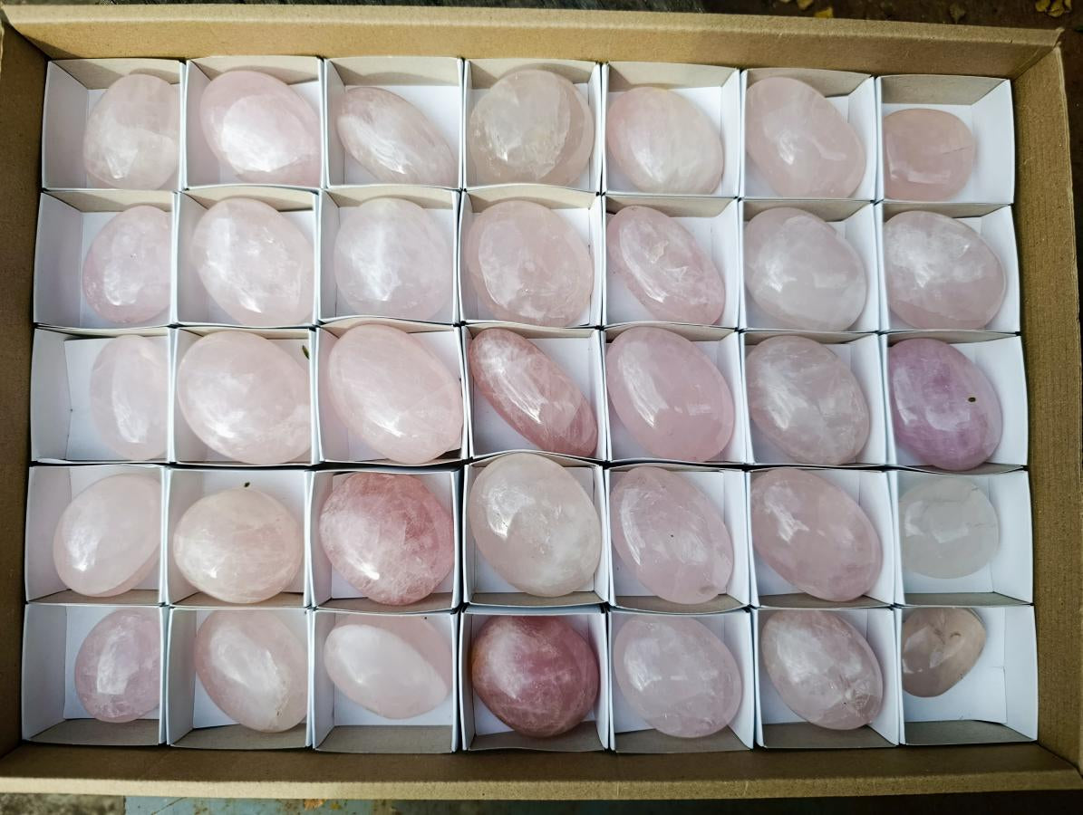 Polished Gemmy Rose Quartz Palm Stones x 35 From Madagascar - Toprock Gemstones and Minerals 