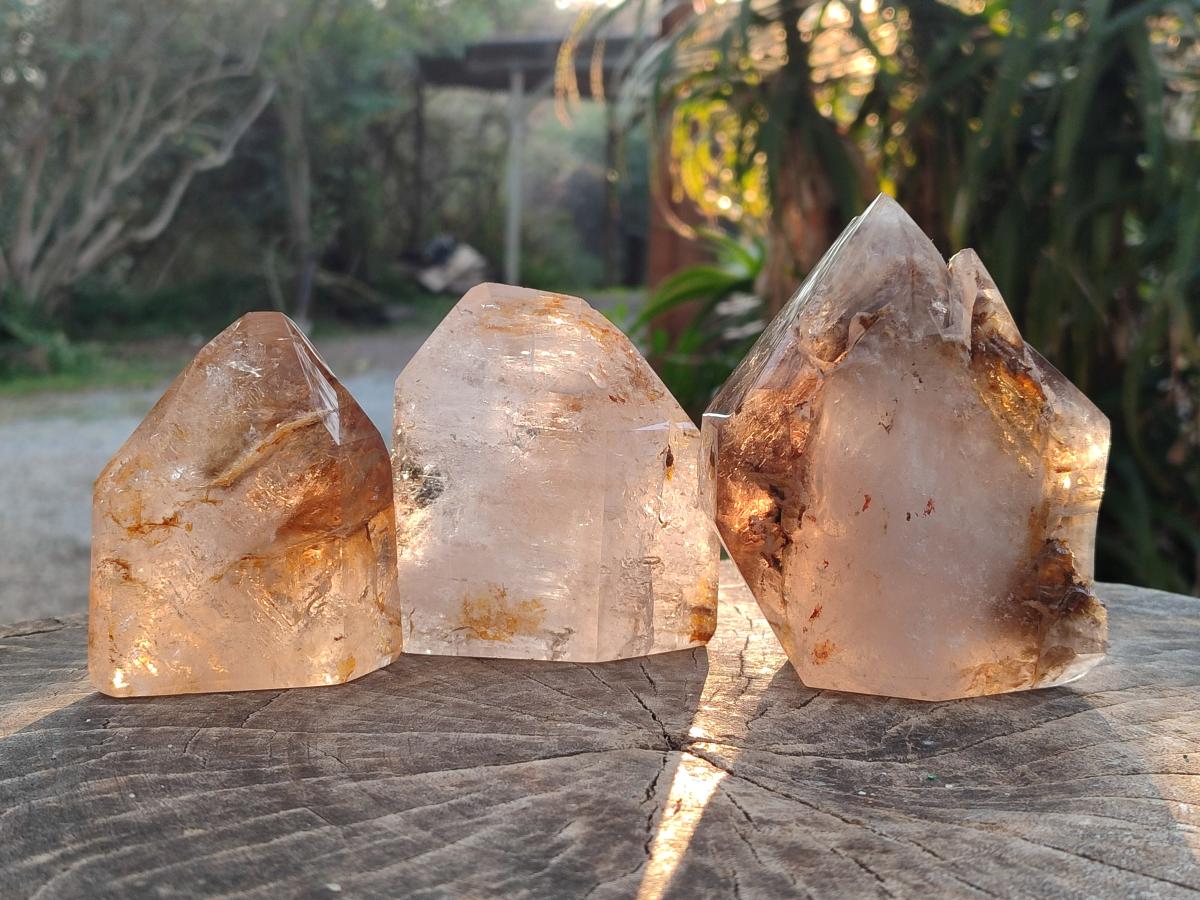 Polished Smokey and Clear Window Quartz Crystals x 3 From Madagascar - Toprock Gemstones and Minerals 