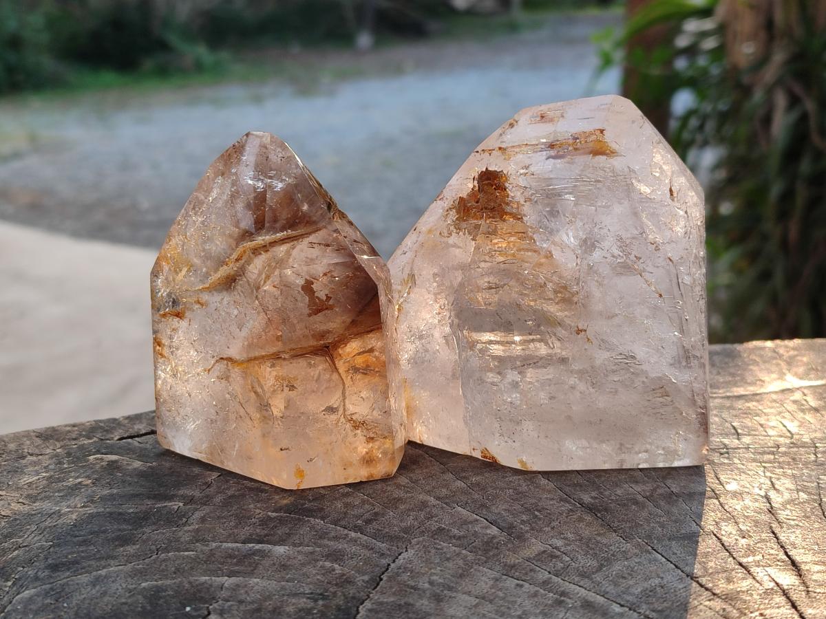 Polished Smokey and Clear Window Quartz Crystals x 3 From Madagascar - Toprock Gemstones and Minerals 
