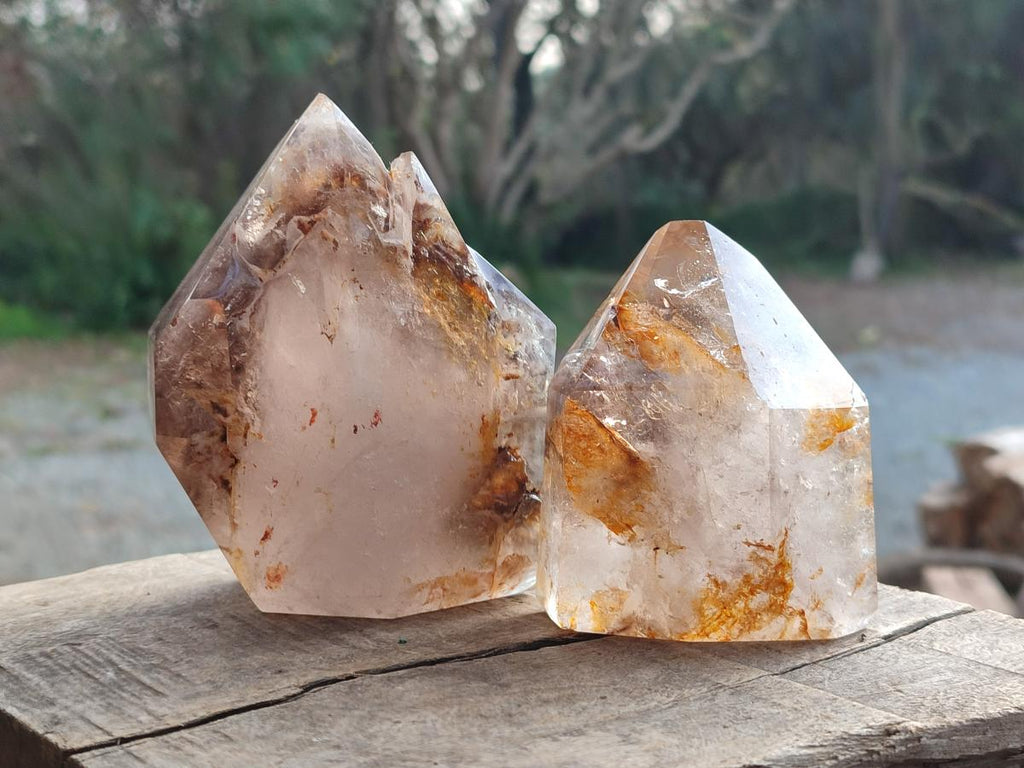 Polished Smokey and Clear Window Quartz Crystals x 3 From Madagascar - Toprock Gemstones and Minerals 