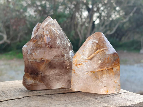 Polished Smokey and Clear Window Quartz Crystals x 3 From Madagascar - Toprock Gemstones and Minerals 