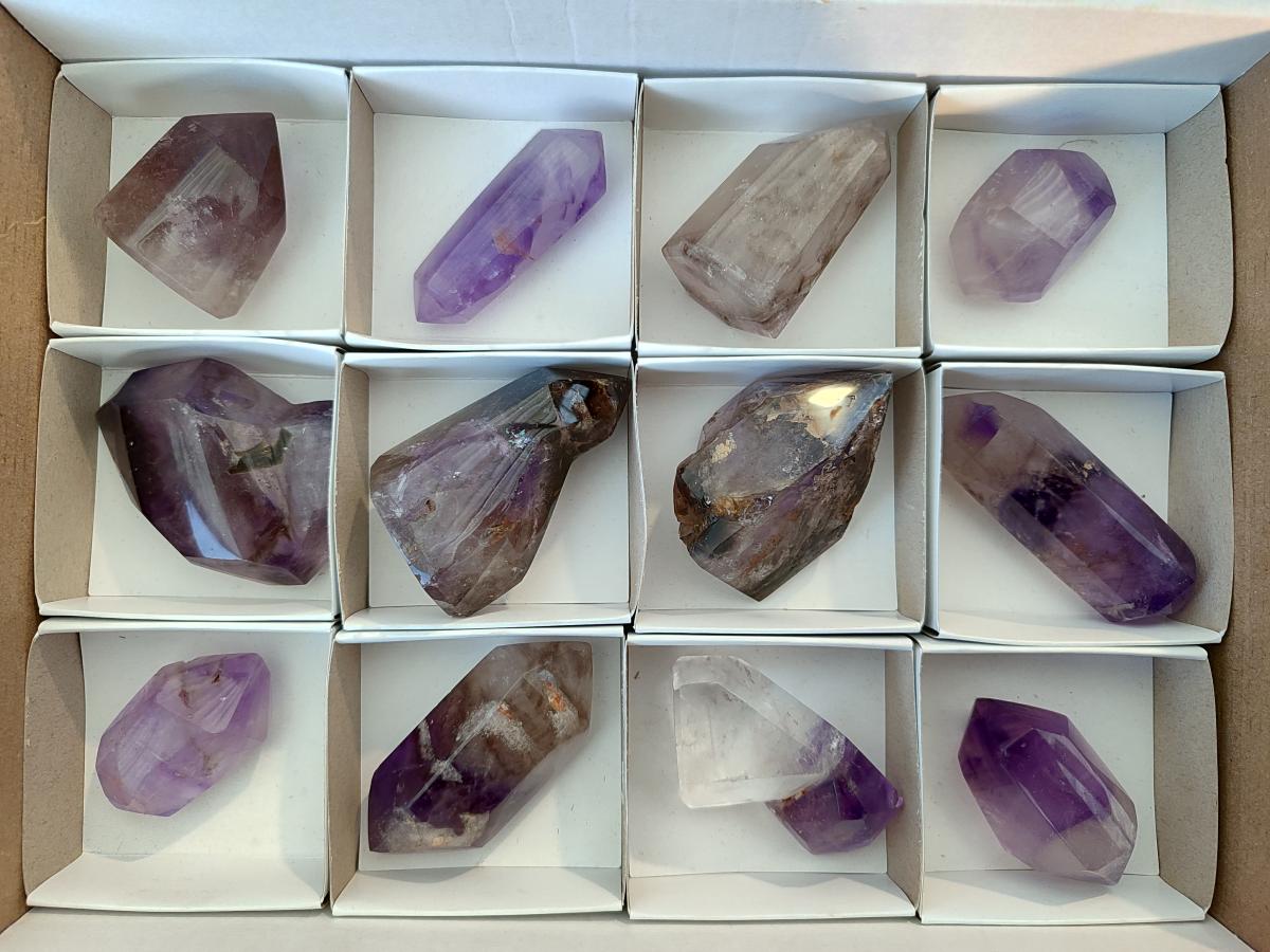 Polished Mixed Smokey Window Amethyst Crystal Pieces x 12 From Akansobe, Madagascar - Toprock Gemstones and Minerals 
