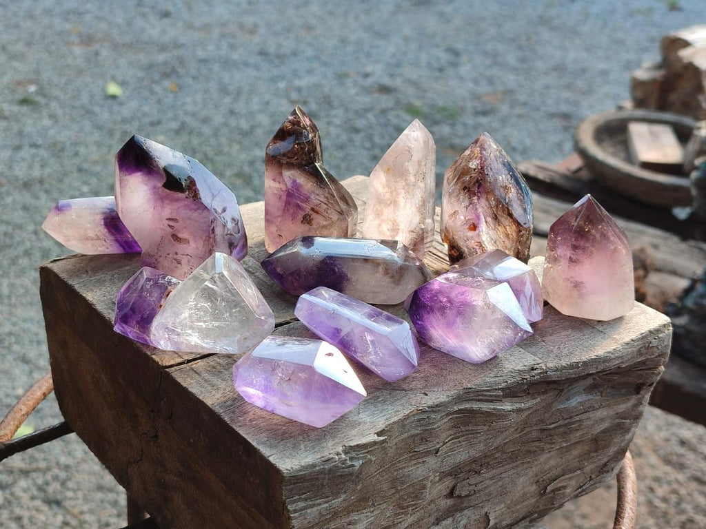 Polished Mixed Smokey Window Amethyst Crystal Pieces x 12 From Akansobe, Madagascar - Toprock Gemstones and Minerals 