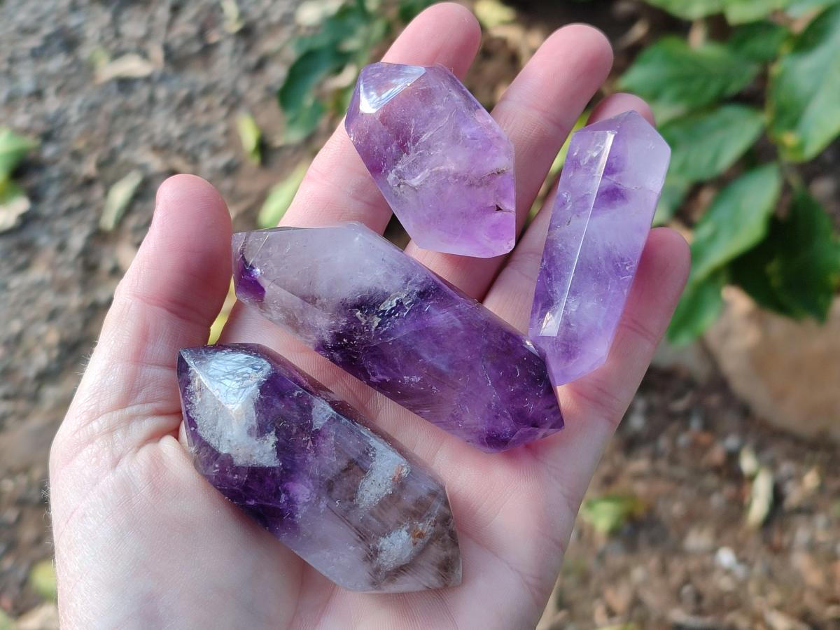 Polished Mixed Smokey Window Amethyst Crystal Pieces x 12 From Akansobe, Madagascar - Toprock Gemstones and Minerals 