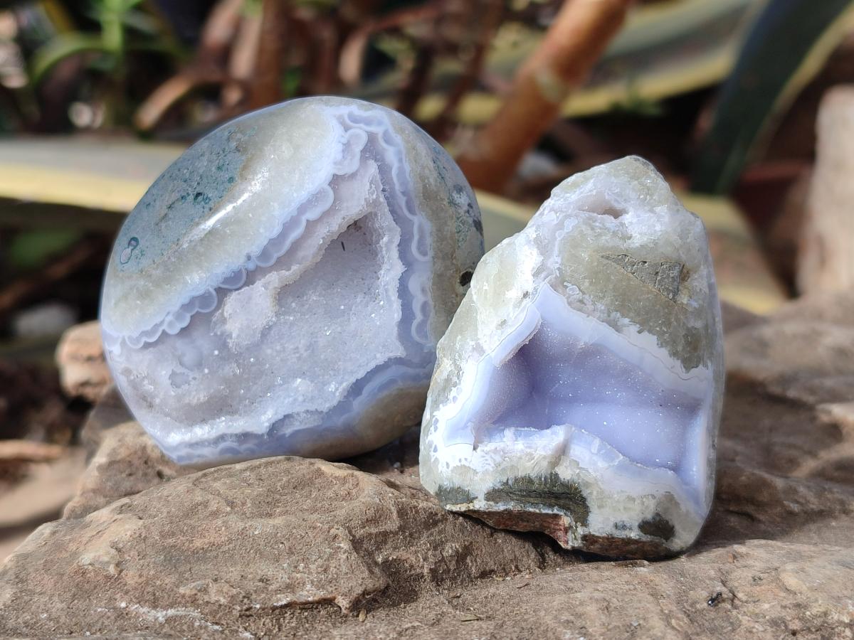 Polished on One Side Blue Lace Agate Geodes x 12 From Nsanje, Malawi - Toprock Gemstones and Minerals 
