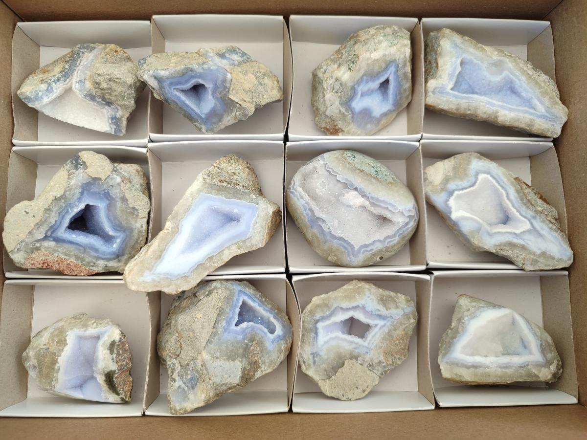 Polished on One Side Blue Lace Agate Geodes x 12 From Nsanje, Malawi - Toprock Gemstones and Minerals 