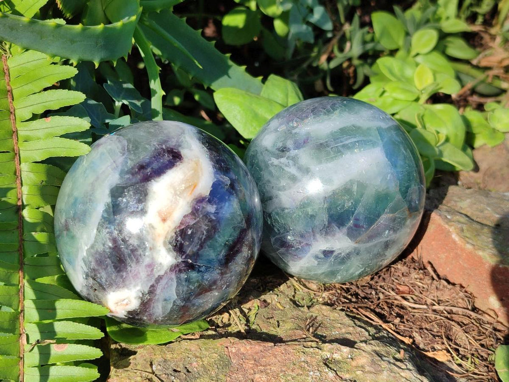 Polished Watermelon Fluorite Spheres x 2 From Uis, Namibia - Toprock Gemstones and Minerals 