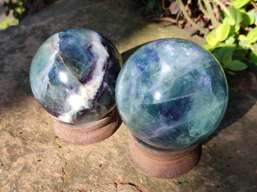 Polished Watermelon Fluorite Spheres x 2 From Uis, Namibia - Toprock Gemstones and Minerals 