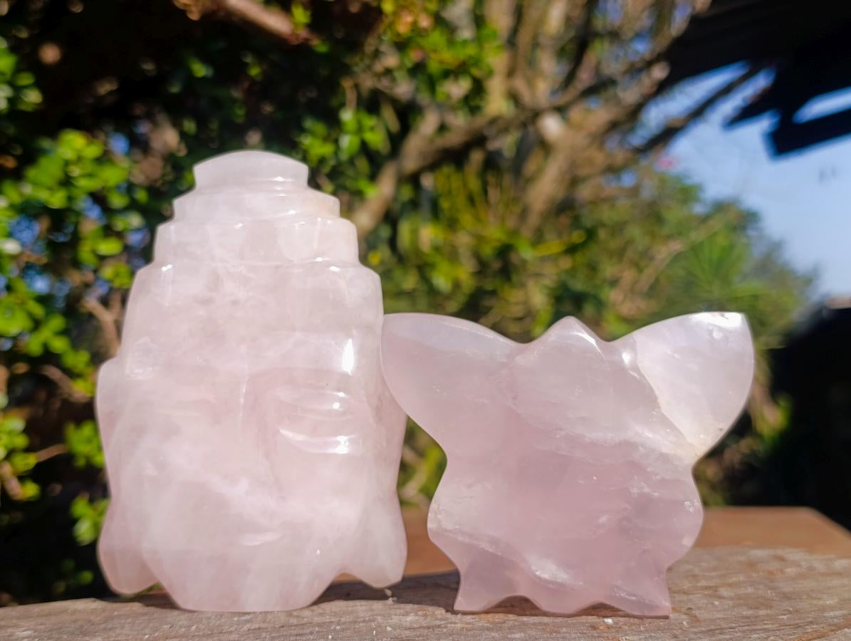 Polished Mixed Rose Quartz Carvings x 2 From Madagascar - Toprock Gemstones and Minerals 