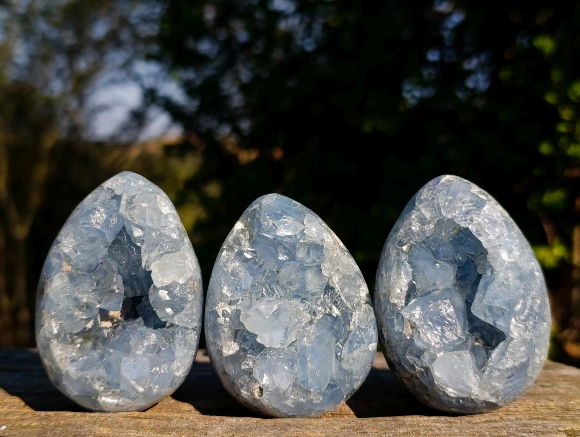 Polished Blue Celestite Eggs x 4 From Sakoany, Madagascar - Toprock Gemstones and Minerals 
