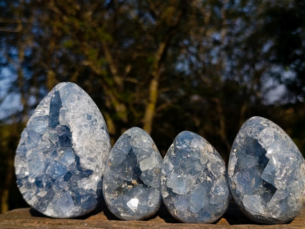 Polished Blue Celestite Eggs x 4 From Sakoany, Madagascar - Toprock Gemstones and Minerals 