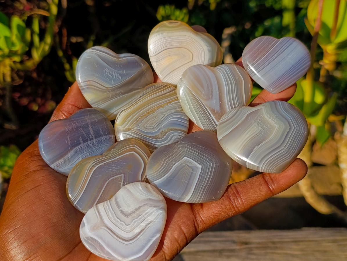 Polished Banded Agate Hearts x 24 From Madagascar - Toprock Gemstones and Minerals 