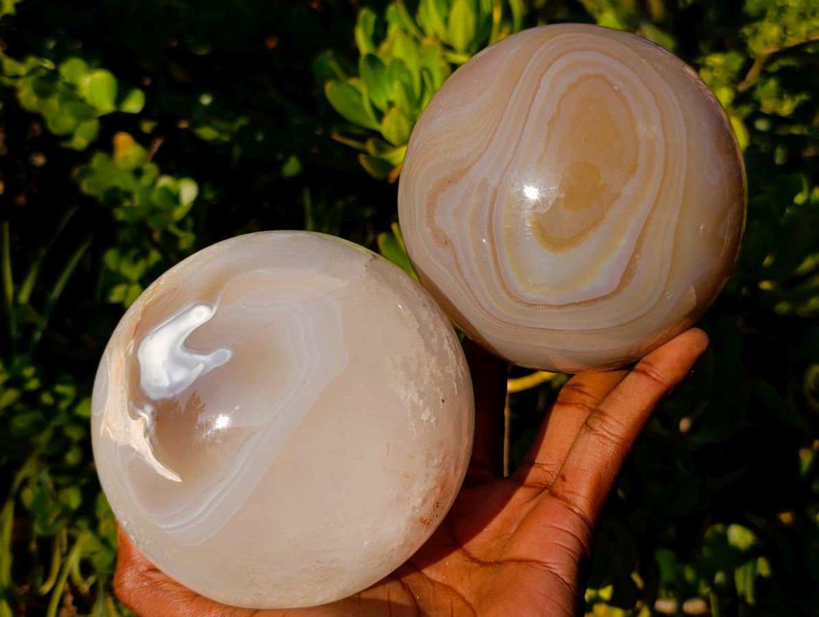 Polished Large Banded Agate Spheres x 2 From Madagascar - Toprock Gemstones and Minerals 