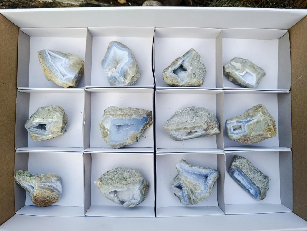 Polished On One Side Blue Lace Agate Geodes x 12 From Nsanje, Malawi - Toprock Gemstones and Minerals 