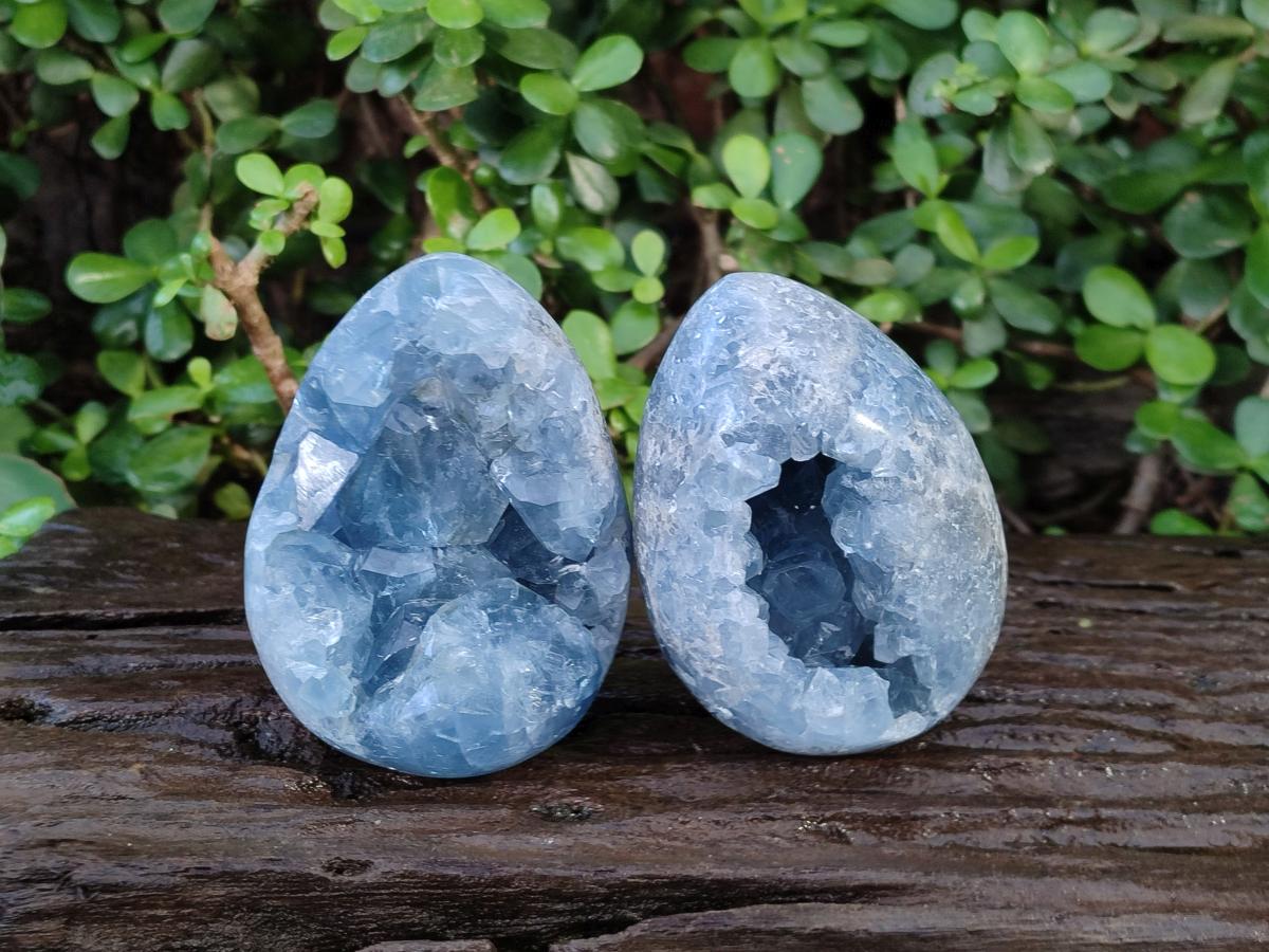 Polished Blue Celestite Eggs x 2 From Sakoany, Madagascar - Toprock Gemstones and Minerals 