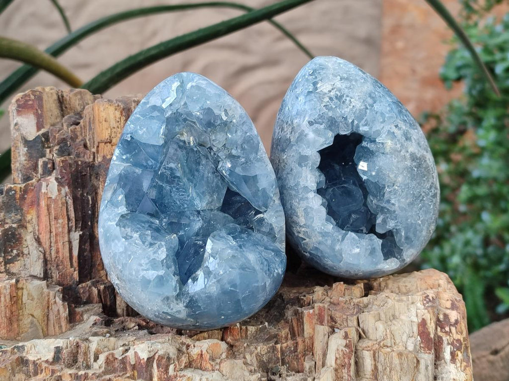Polished Blue Celestite Eggs x 2 From Sakoany, Madagascar - Toprock Gemstones and Minerals 