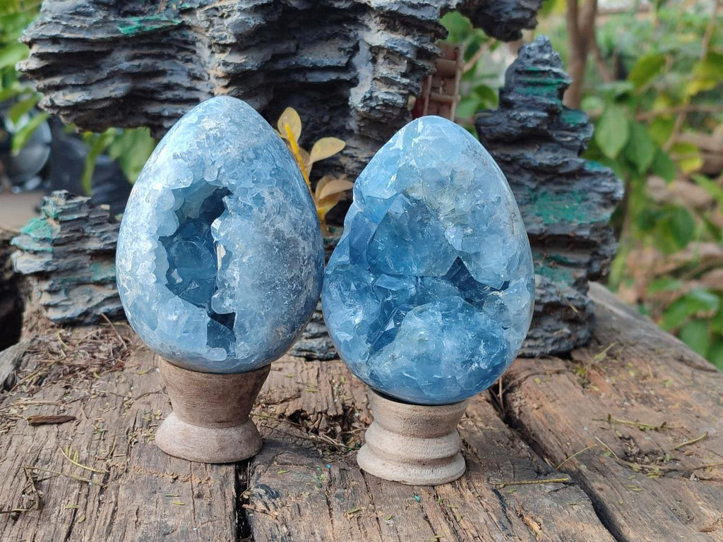 Polished Blue Celestite Eggs x 2 From Sakoany, Madagascar - Toprock Gemstones and Minerals 