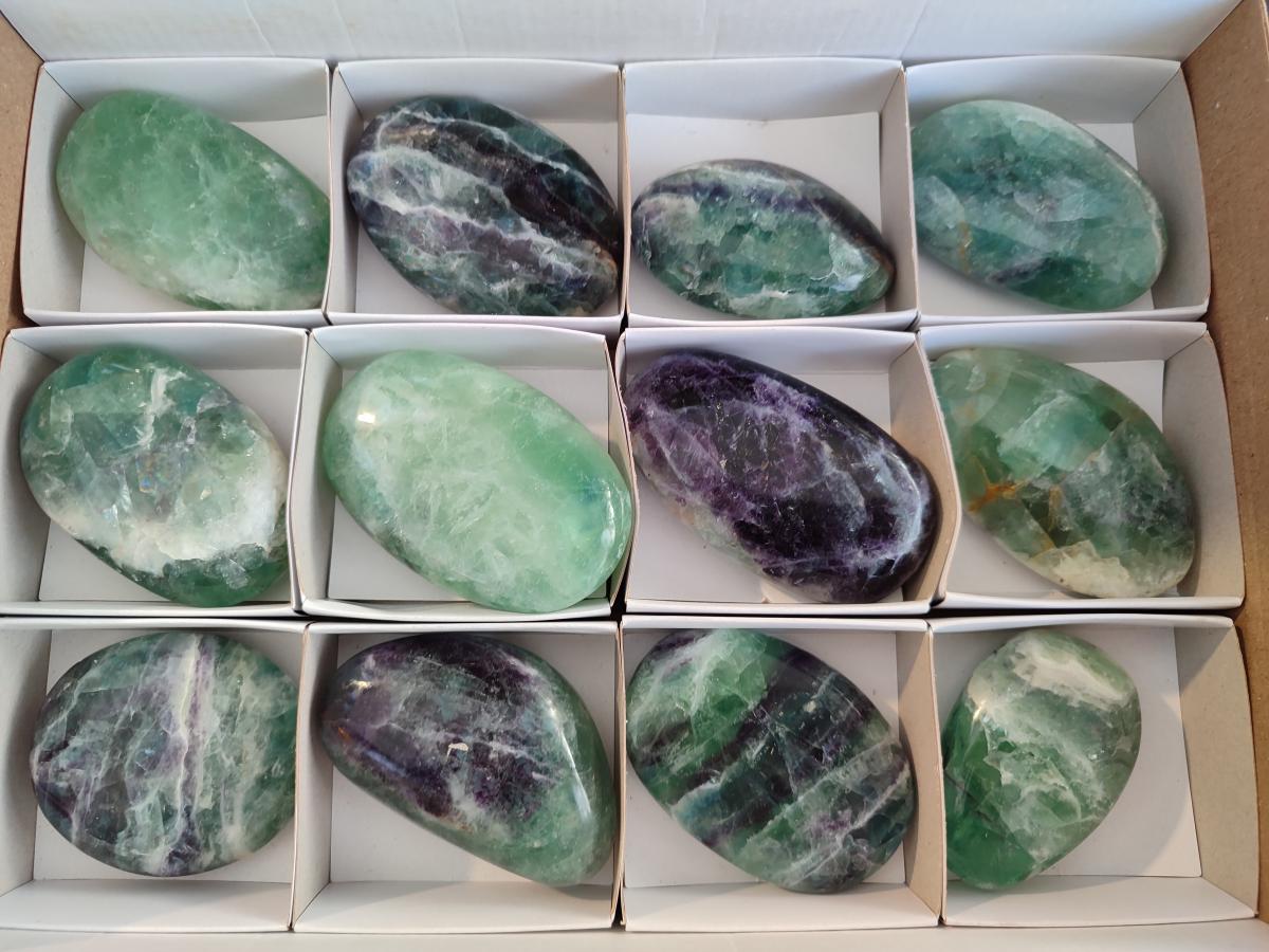 Polished Watermelon Fluorite Palm Stones x 12 From Uis, Namibia - Toprock Gemstones and Minerals 