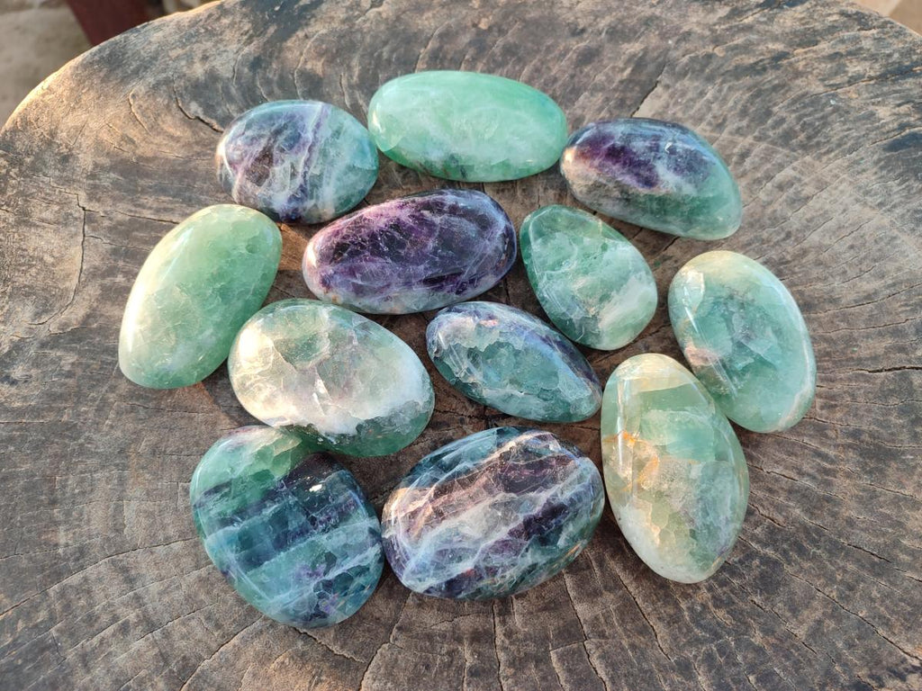 Polished Watermelon Fluorite Palm Stones x 12 From Uis, Namibia - Toprock Gemstones and Minerals 